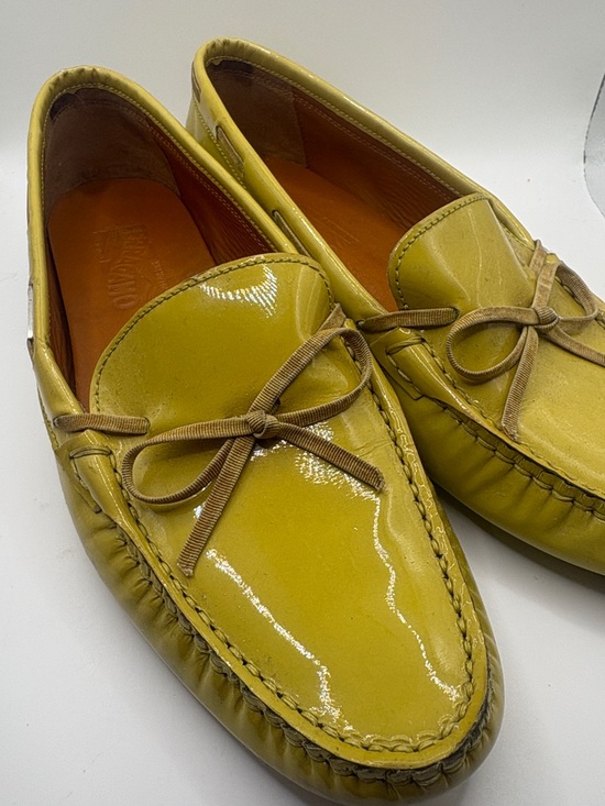 Salvatore Ferragamo Shoes - Salvatore Ferragamo Yellow Green Patent Leather Bow Tie Driving Loafers Size 8